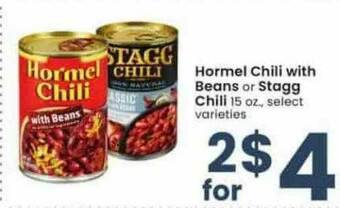 Albertsons Hormel Chili With Beans Or Stagg Chili offer