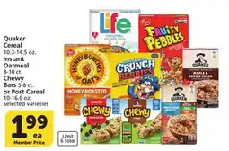 Albertsons Quaker Cereal 10.3-14.5 oz. Instant Oatmeal 8-10 ct. Chewy Bars 5-8 ct. or Post Cereal 10-16.6 oz offer