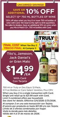 Ralphs Tito's, Jameson, Jack Daniel's or Gran Malo offer