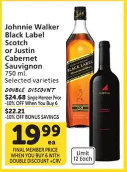 Vons Johnnie Walker Black Label Scotch or Justin Cabernet Sauvignon offer