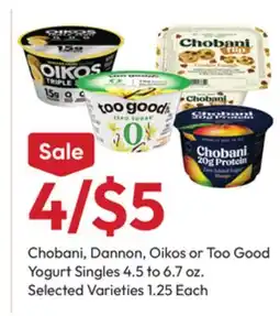 Stater Bros Chobani, Dannon, Oikos or Too Good Yogurt Singles offer