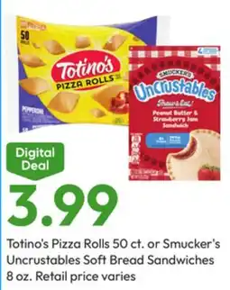 Stater Bros Totino's Pizza Rolls 50 ct. or Smucker's Uncrustables Soft Bread Sandwiches 8 oz offer