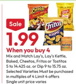 Stater Bros Lay's, Lay's Kettle, Baked, Cheetos, Fritos or Tostitos 5 to 14.425 oz. or Dip 9 to 15.75 oz offer