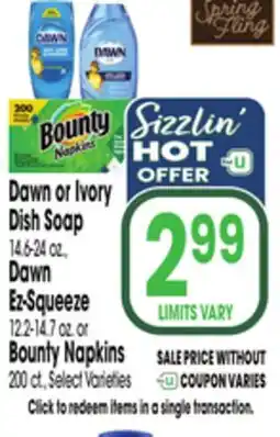 Jewel-Osco Dawn or Ivory Dish Soap 14.6-24 ct, Dawn Ez-Squeeze 122-14.7 oz. or Bounty Napkins 200 ct offer