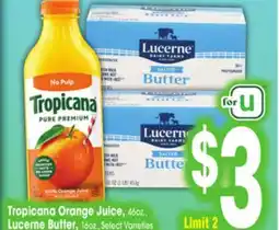 Jewel-Osco Tropicana Orange Juice, 46oz., Lucerne Butter, 16oz offer