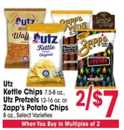 Jewel-Osco Utz Kettle Chips 7.5-8 oz., Utz Pretzels 12-16 oz. or Zapp's Potato Chips 8 oz offer