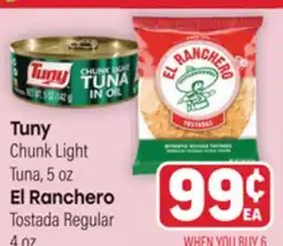 Tony’s Fresh Market Tuny Chunk Light Tuna, 5 oz El Ranchero Tostada Regular 4 oz offer