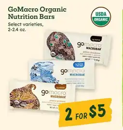 Sprouts Farmers Market GoMacro Organic Nutrition Bars offer