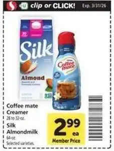 Safeway Coffee mate Creamer & Silk Almondmilk offer