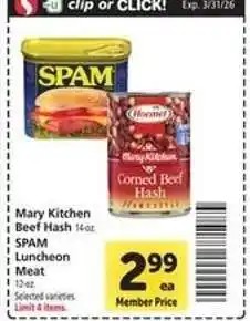 Safeway Mary Kitchen Beef Hash / SPAM Luncheon Meat offer