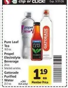Safeway Pure Leaf Tea, Propel Electrolyte Beverage, Gatorade Purified Water offer