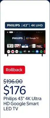 Walmart Philips 43 Class 4K Ultra HD (2160p) Google Smart LED TV (43PUL7652/F7) offer