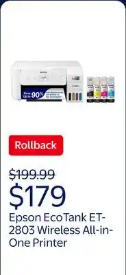 Walmart Epson EcoTank ET-2803 Wireless All-in-One Cartridge-Free Printer offer