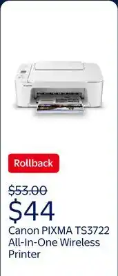 Walmart Canon PIXMA TS3722 All-In-One, Wireless Inkjet Printer for Home Office offer