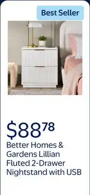 Walmart Better Homes & Gardens Lillian Fluted 2-Drawer Nightstand with USB, White Finish offer