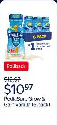 Walmart PediaSure Grow & Gain with Immune Support, 7g Protein, Vanilla, 8-fl-oz Bottle, Pack of 6 offer