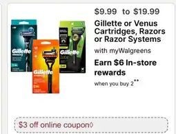Walgreens Gillette or Venus Cartridges, Razors or Razor Systems offer