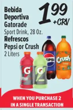 El Super Gatorade Sport Drink, 28Oz. Pepsi or Crush 2 Liters offer