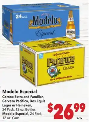 Vallarta Supermarkets Modelo Especial Corona Extra and Familiar, Cerveza Pacifico, Dos Equis Lager or Heineken offer