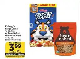 Vons Kellogg's Large Cereal 12-20.9 oz. or Bear Naked Granola Cereal 11-12 oz offer