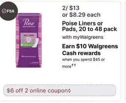 Walgreens Poise Liners or Pads, 20 to offer