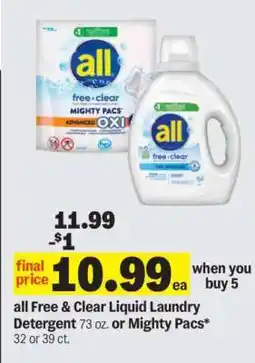 Meijer all Free & Clear Liquid Laundry Detergent or Mighty Pacs offer