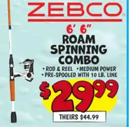 Ollie's ZEBCO 6' 6 ROAM SPINNING COMBO offer