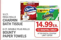 Kings Food Markets 12 CT. MEGA ROLLS CHARMIN BATH TISSUE 6 CT. DOUBLE PLUS ROLLS BOUNTY PAPER TOWELS offer