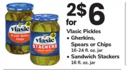ACME Vlasic Pickles Gherkins, Spears or Chips 16-24 fl. oz. jar, Sandwich Stackers 16 fl. oz. jar offer