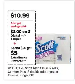 CVS Scott bath tissue 12 rolls, Comfort Plus 18 double rolls or paper towels 8 mega rolls offer