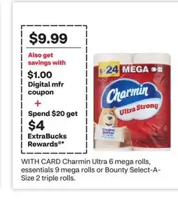 CVS Charmin Ultra 6 mega rolls, essentials 9 mega rolls or Bounty Select-A-Size 2 triple rolls offer