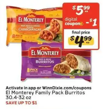 Winn Dixie El Monterey Family Pack Burritos offer