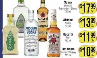 Sauza Homitos Reposado Or Blanco, Absolut Vodka, Bacardi Rum Or Jim Beam Bourbon Whiskey