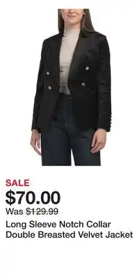 TJ Maxx Long Sleeve Notch Collar Double Breasted Velvet Jacket offer