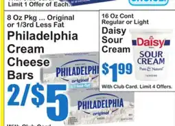 SuperFresh Original or 1/3rd Less Fat Philadelphia Cream Cheese Bars, 8 Oz Pkg ... Daisy Sour Cream, 16 Oz Cont offer