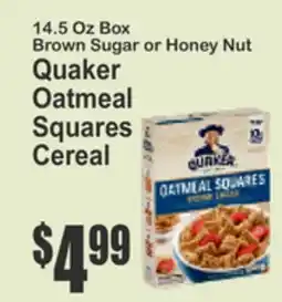 Key Food 14.5 Oz Box Brown Sugar or Honey Nut Quaker Oatmeal Squares Cereal offer