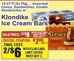 Key Food 15-27 Fl Oz Pkg ... Assorted Cones, Sandwiches, Cookie Sandwiches or Klondike Ice Cream Bars offer