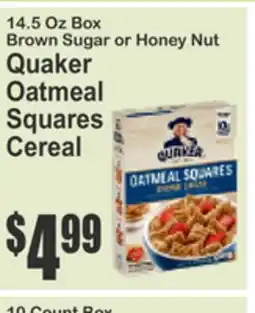 Food Universe 14.5 Oz Box Brown Sugar or Honey Nut Quaker Oatmeal Squares Cereal offer