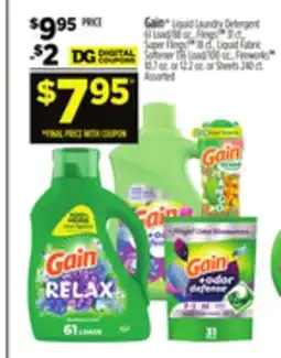 Dollar General Gain Liquid Laundry Detergent, Flings! , Super Flings! , Liquid Fabric Softener, Fireworks offer