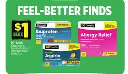Dollar General DG health Allergy Relief or Ibuprofen Tablets 24 ct. or Chewable Aspirin Tablets 36 ct offer