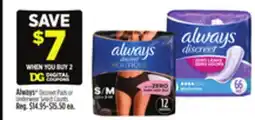 Dollar General Always Discreet Pads or Underwear offer