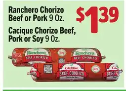 Vallarta Supermarkets Ranchero Chorizo Beef or Pork 9 Oz., Cacique Chorizo Beef, Pork or Soy 9 Oz offer