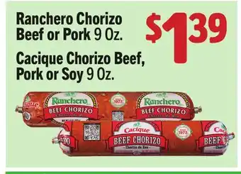 Vallarta Supermarkets Ranchero Chorizo Beef or Pork 9 Oz., Cacique Chorizo Beef, Pork or Soy 9 Oz offer