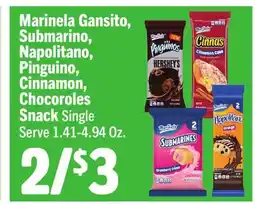 Vallarta Supermarkets Marinela Gansito, Submarino, Napolitano, Pinguino, Cinnamon, Chocoroles Snack offer