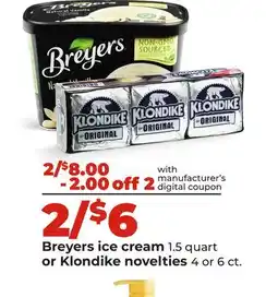 Hy-Vee Breyers ice cream 1.5 quart or Klondike novelties 4 or 6 ct offer
