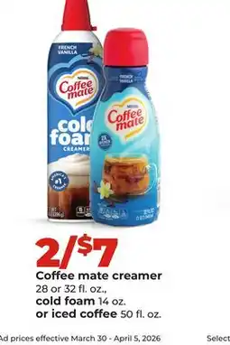 Hy-Vee Coffee mate creamer 28 or 32 fl. oz., cold foam 14 oz. or iced coffee 50 fl. oz offer
