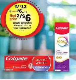 Meijer Colgate Optic White Advanced 3.2 oz. or Total Toothpastes offer