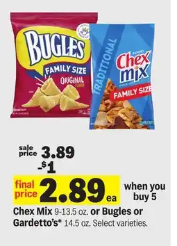 Meijer Chex Mix 9-13.5 oz. or Bugles or Gardetto's* 14.5 oz offer