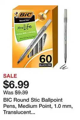 Office Depot BIC Round Stic Ballpoint Pens, Medium Point, 1.0 mm, Translucent Barrel, Black Ink, Pack Of 60 Pens offer