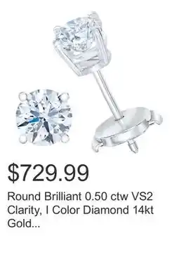 Costco Round Brilliant 0.50 ctw VS2 Clarity, I Color Diamond 14kt Gold Stud Earrings offer